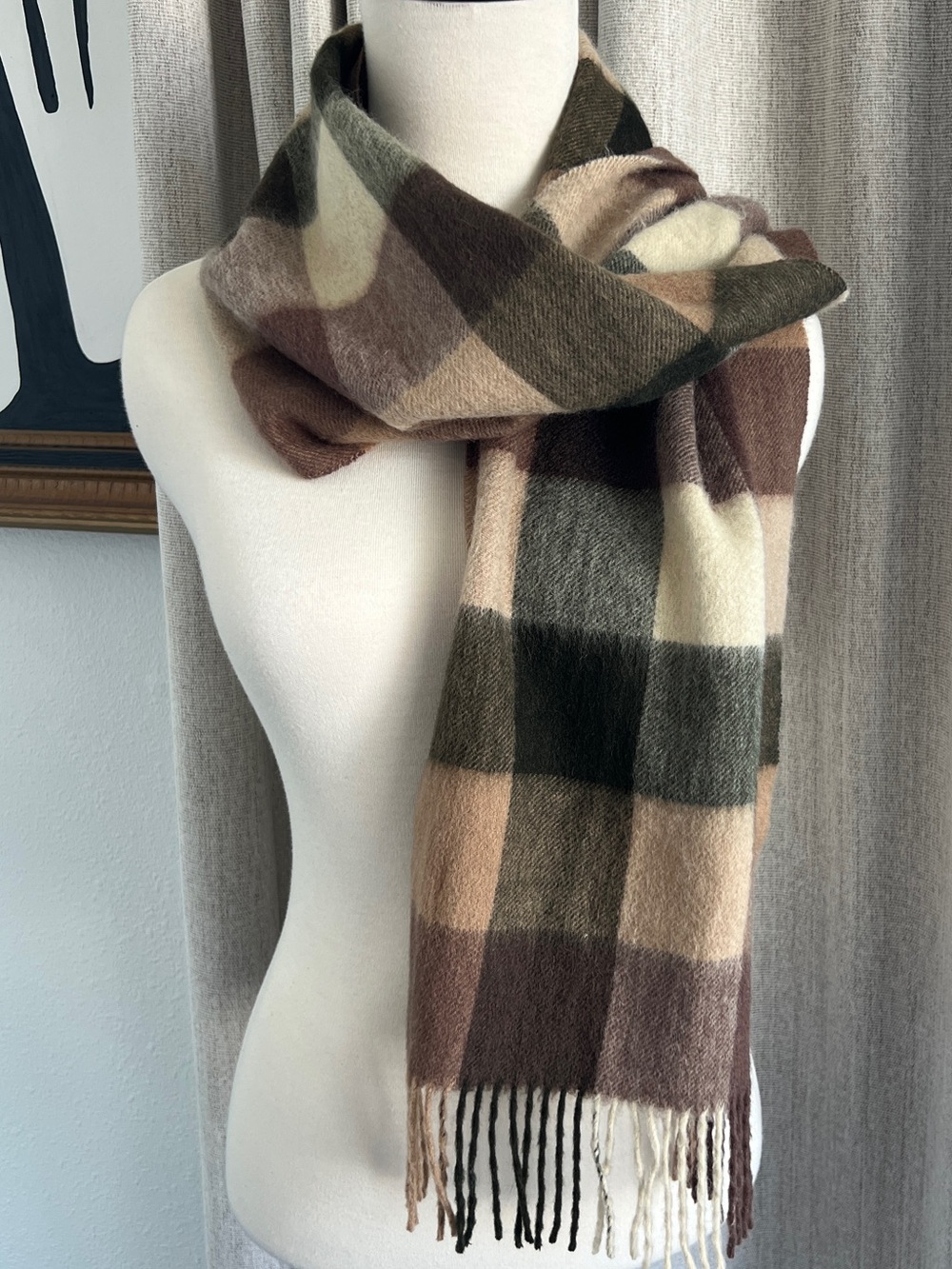 100% Pure Wool Scarf Meng Long Cashmere Develop Centre Plaid Brown Green Neutral